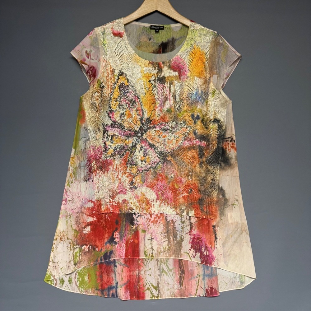 Dor Dor Couture Butterfly Print Metallic Knit High Low Tunic Top Multicolor M